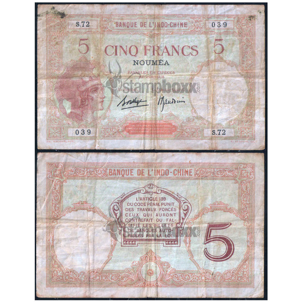 NEW CALEDONIA 5 FRANCS 1926 P-36b(2) USED GRADE