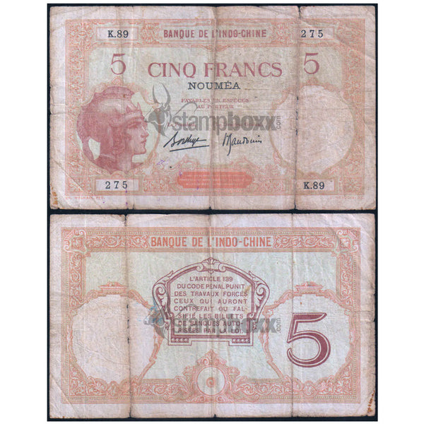 NEW CALEDONIA 5 FRANCS 1926 P-36b(2) USED GRADE