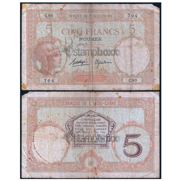 NEW CALEDONIA 5 FRANCS 1926 P-36b(2) USED DAMAGED
