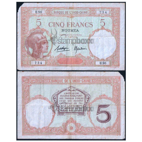 NEW CALEDONIA 5 FRANCS 1926 P-36b(2) USED DAMAGED