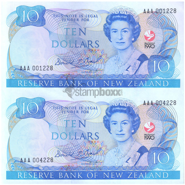 NEW ZEALAND 10 DOLLARS 1990 P-176 UNCUT OF 2 UNC