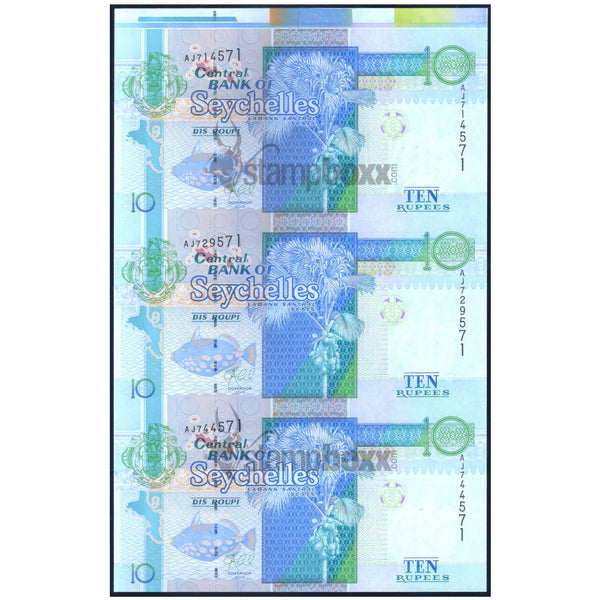 SEYCHELLES 10 RUPEES 2013 P-42 UNC UNCUT OF 3