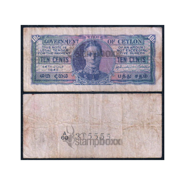 SRI LANKA (CEYLON) 10 CENTS 1942 P-43 UNIFACE USED GRADE