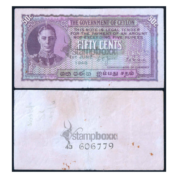 SRI LANKA (CEYLON) 50 CENTS 1948 P-45a USED GRADE - UNIFACE