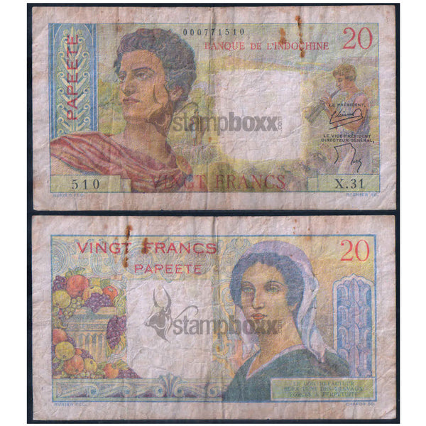 TAHITI 20 FRANCS 1951-1963 P-21 USED GRADE