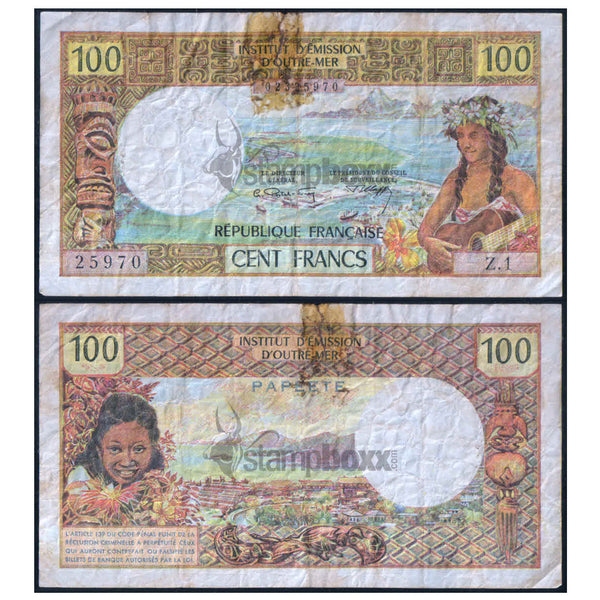 TAHITI 100 FRANCS 1969 P-23 USED GRADE - DAMAGED