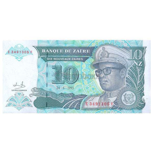 ZAIRE 10 ZAIRES 1993 P-55 UNC SMALL DOT STAIN