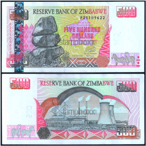 ZIMBABWE 500 DOLLARS 2001 P-10 aUNC GRADE
