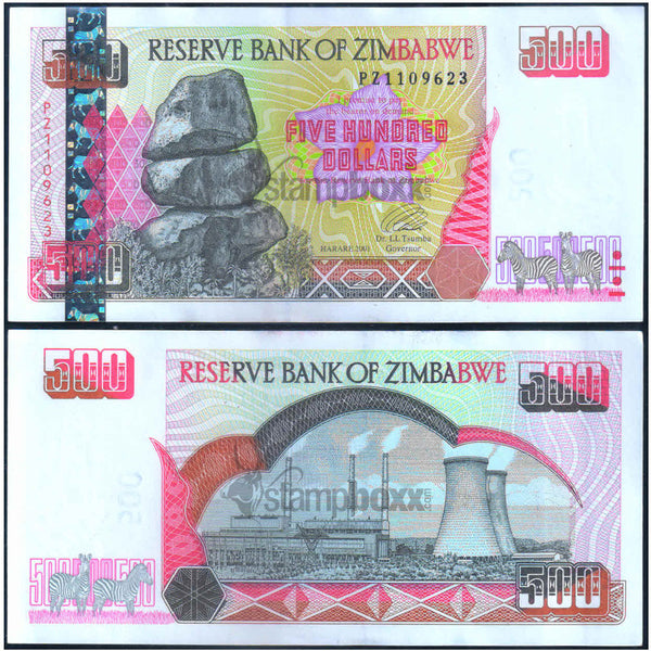ZIMBABWE 500 DOLLARS 2001 P-10 aUNC GRADE
