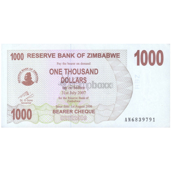 ZIMBABWE 1000 DOLLARS 2007 P-44 UNC