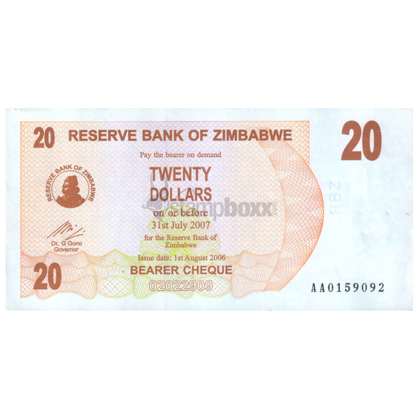 ZIMBABWE 20 DOLLARS 2006 P-40 aUNC