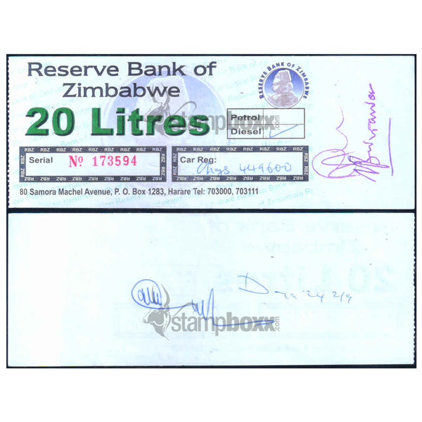 ZIMBABWE 20 LITERS -TYPE2 - UTILIZED / aUNC