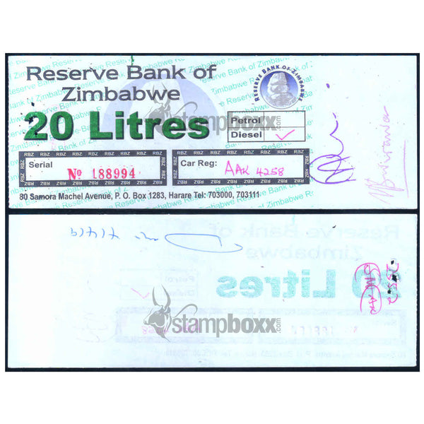ZIMBABWE 20 LITERS -TYPE2 - UTILIZED / aUNC