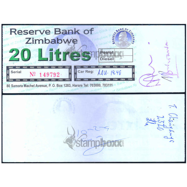 ZIMBABWE 20 LITERS -TYPE2 - UTILIZED / aUNC