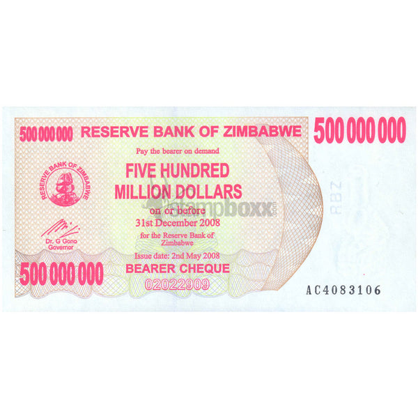 ZIMBABWE 500 0000 000 (500 MILLION) DOLLARS 2008 P-60 UNC
