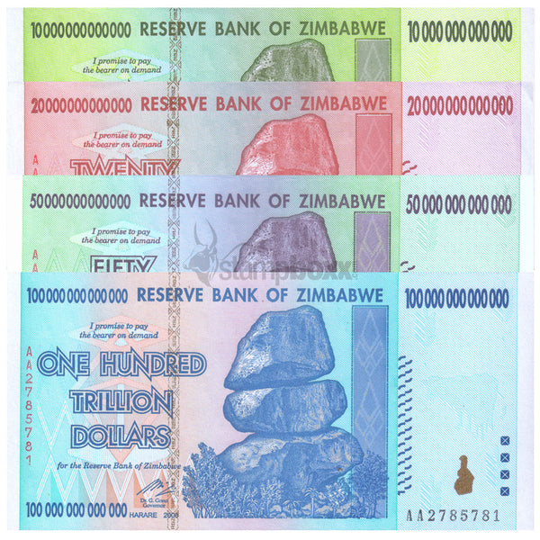 ZIMBABWE 10-20-50-100 TRILLION DOLLARS 2008 P-88 TO 91 UNC