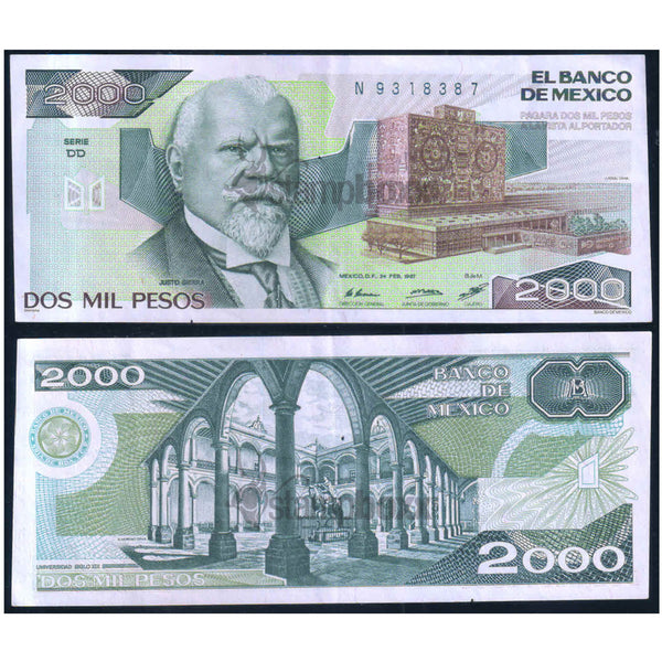 MEXICO 2000 PESOS 1985-89 P-86 USED GRADE SERIAL 8387