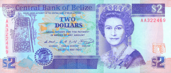 BELIZE 2 DOLLARS 1990 P-52a UNC