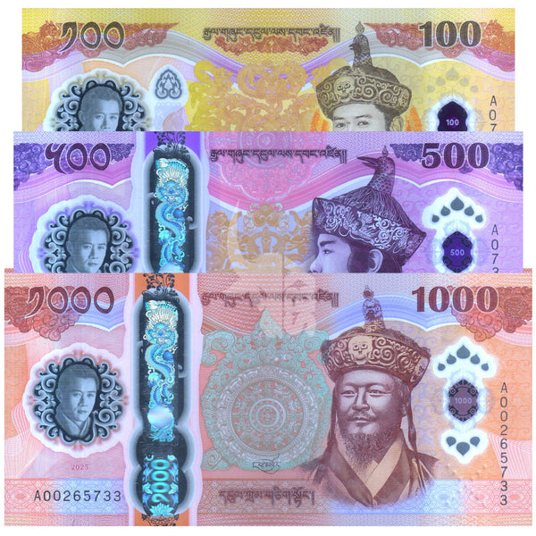 BBHUTAN 100 - 500 - 1000 NGULTRUM 2025 P-43-44-45 UNC POLYMER