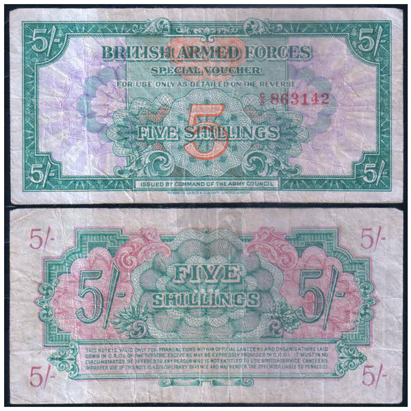 BRITISH ARMED FORCES 5 SHILLING 1946 P-M13 USED GRADE EX-RARE