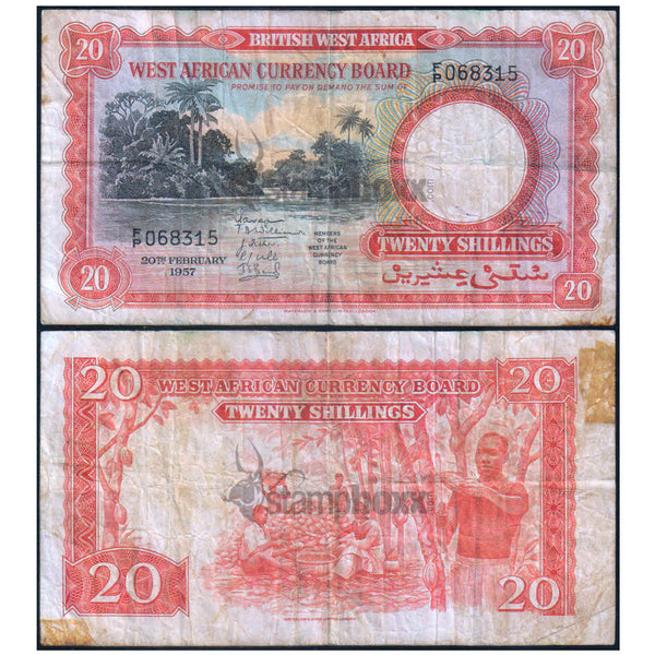 BRITISH WEST AFRICA 20 SHILLINGS 1957 P-10 USED GRADE - RARE