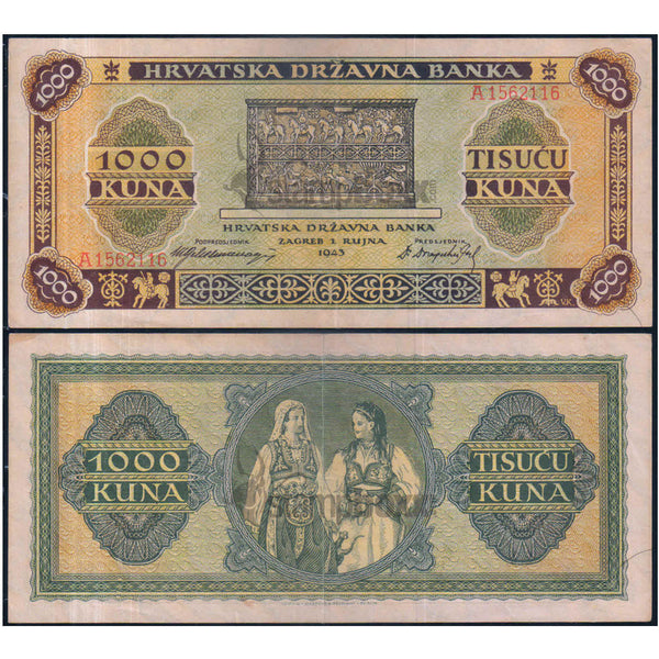 CROATIA 1000 KUNA 1943 P-12 XF (MIDDLE FOLD)