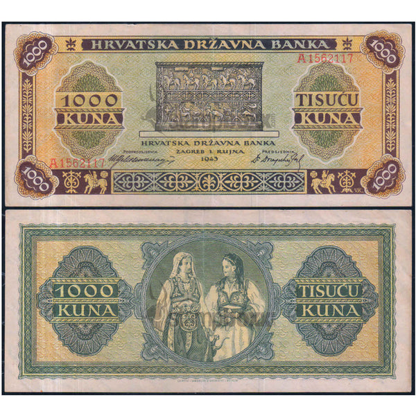 CROATIA 1000 KUNA 1943 P-12 XF (MIDDLE FOLD)
