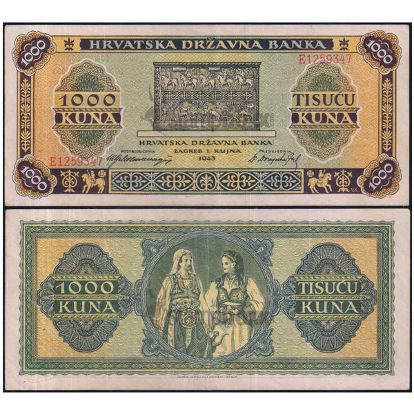 CROATIA 1000 KUNA 1943 P-12 XF (MIDDLE FOLD)
