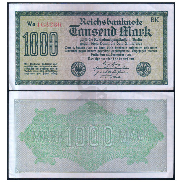 GERMANY - REICHSBANK 1000 MARK 1922 P-76 XF GRADE