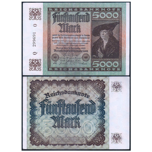 GERMANY - REICHSBANK 5000 MARK 1922 P-81 aUNC GRADE