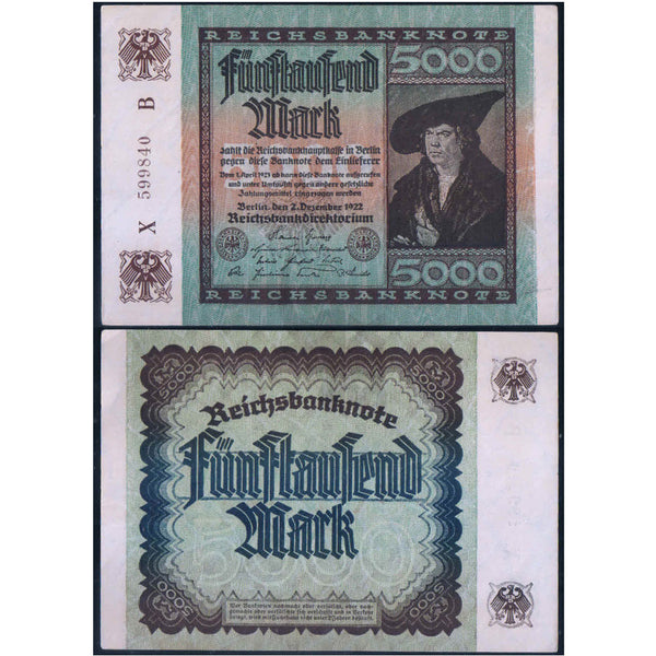 GERMANY - REICHSBANK 5000 MARK 1922 P-81 aUNC GRADE