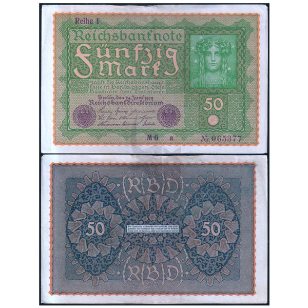 GERMANY - REICHSBANK 50 MARK 1919 P-66 XF GRADE