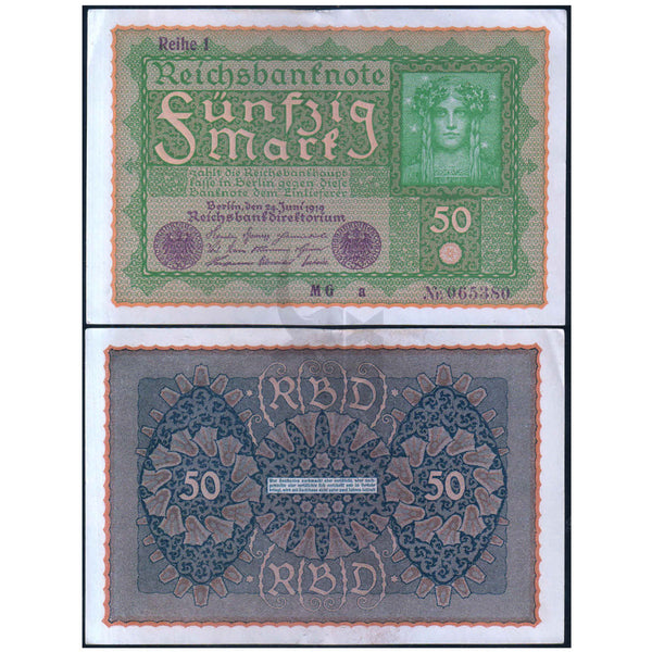 GERMANY - REICHSBANK 50 MARK 1919 P-66 XF GRADE