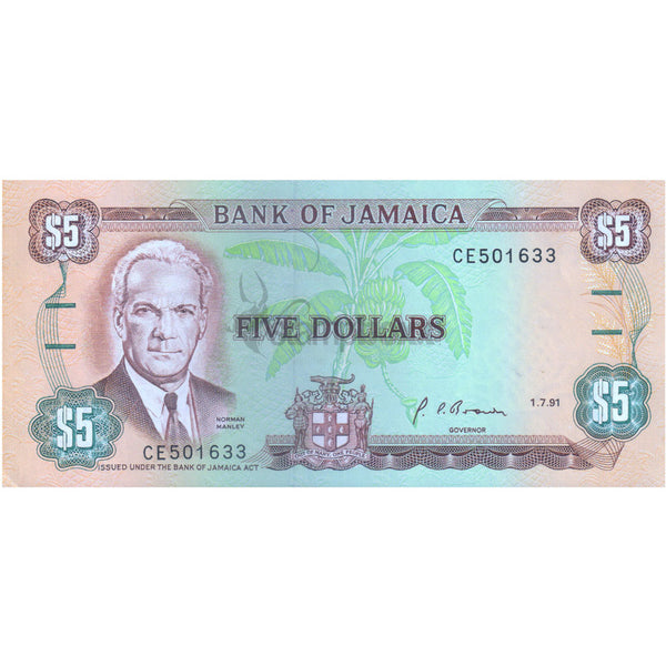 JAMAICA 5 DOLLARS 1991 P-70d UNC