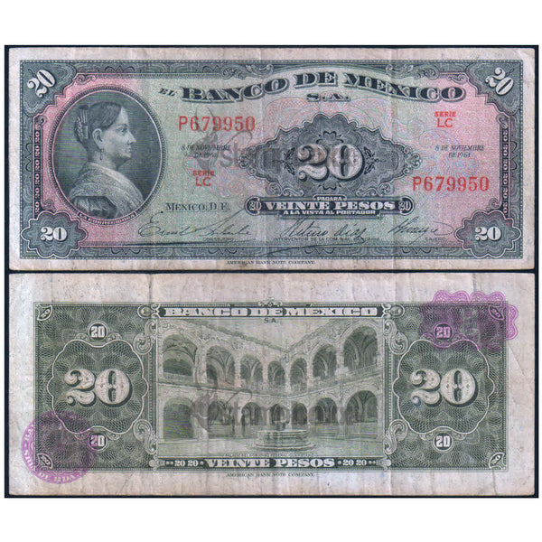 MEXICO 20 PESOS 1961 P-54 USED GRADE