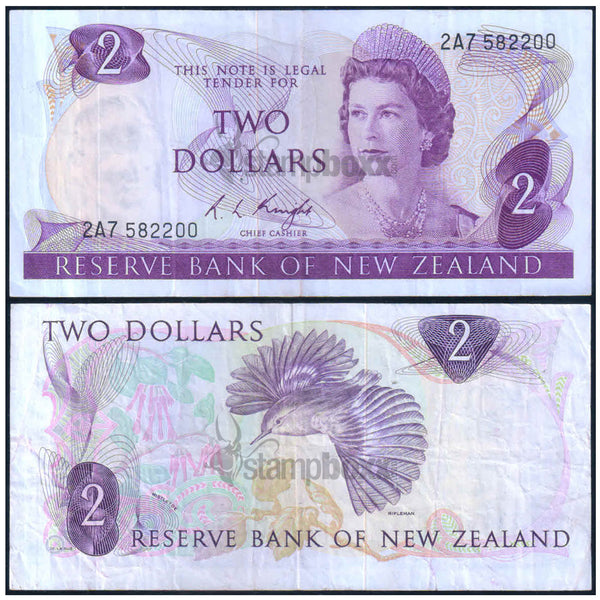 NEW ZEALAND 2 DOLLARS 1967-1981 P-164c USED GRADE