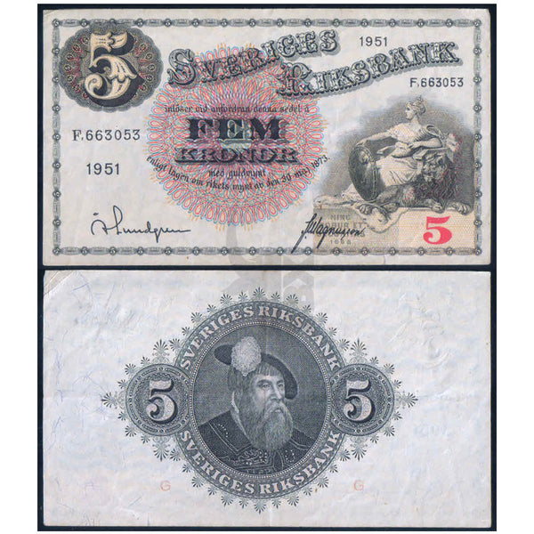 SWEDEN 5 KRONOR 1951 P-33 USED
