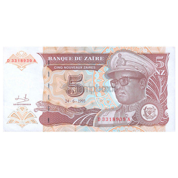 ZAIRE 5 ZAIRES 1993 P-53 UNC