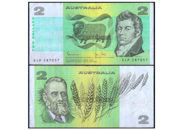 AUSTRALIA 2 DOLLARS 1974-85 P-43 USED SERIAL 7057