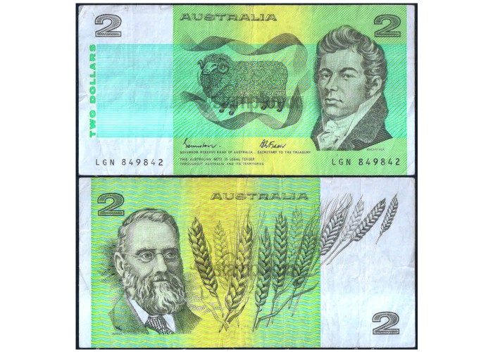 AUSTRALIA 2 DOLLARS 1974-85 P-43 USED SERIAL 9842