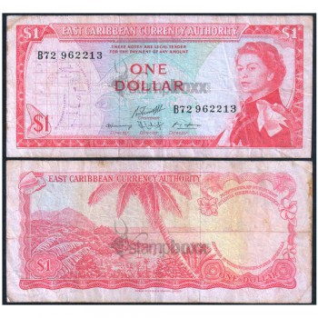 EAST CARIBBEAN STATES 1 DOLLAR 1965 P-13f(2) USED SERIAL 2213