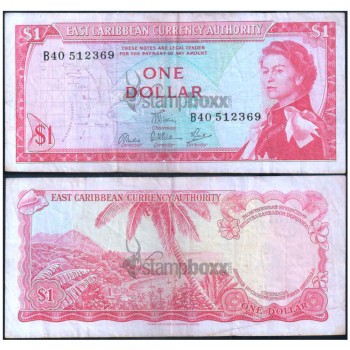 EAST CARIBBEAN STATES 1 DOLLAR 1965 P-13d(2) USED SERIAL 2369