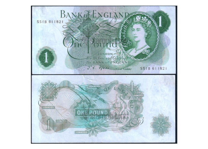 ENGLAND 1 POUND 1960-77 P-374e USED SERIAL 1821