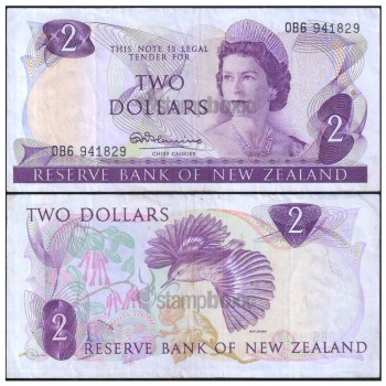 NEW ZEALAND 2 DOLLARS 1967-81 P-164a USED SERIAL 1829