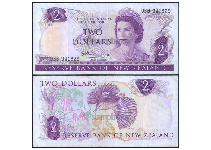 NEW ZEALAND 2 DOLLARS 1967-81 P-164a USED SERIAL 1829