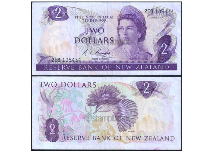 NEW ZEALAND 2 DOLLARS 1967-81 P-164c USED SERIAL 5434