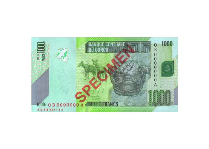 CONGO DEMOCRATIC REPUBLIC 1000 FRANCS 2013 UNC SPECIMEN
