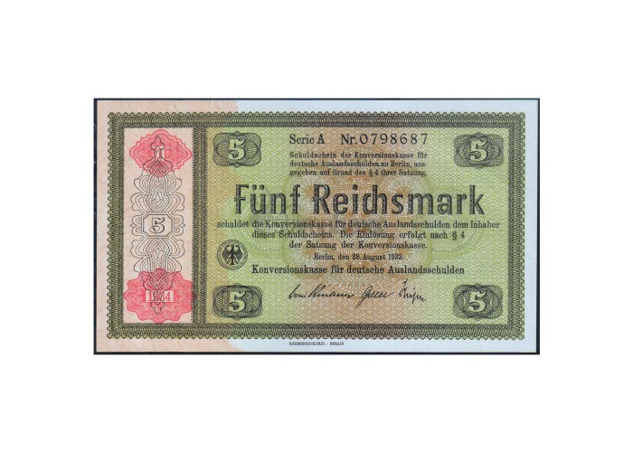 GERMANY 5 REICHMARKS 1933 P-199 UNC SERIAL 0798687