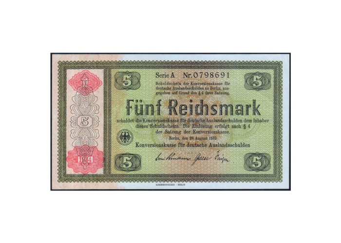 GERMANY 5 REICHMARKS 1933 P-199 UNC SERIAL 0798691