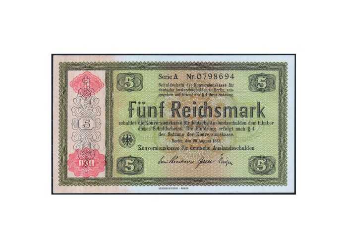 GERMANY 5 REICHMARKS 1933 P-199 UNC SERIAL 0798694